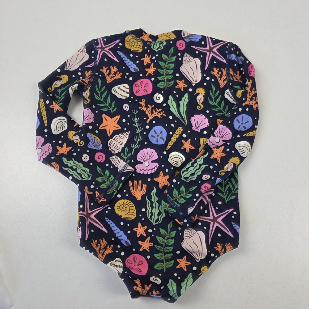 Quince Swimsuit Kids 5T Blue Long Sleeve Zip One Piece Navy Seashells Print - Picture 9 of 10